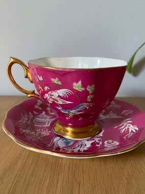 Vintage Royal Albert Bone Magenta Pink Teacup & Saucer Birds